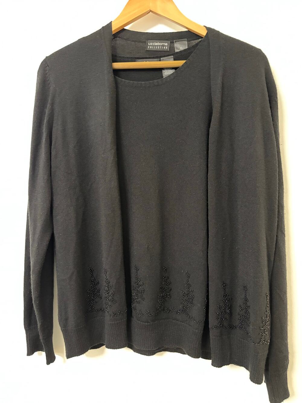 Liz Claiborne Collection Sweater Set Womens XL Black Merino Wool Beaded Holiday